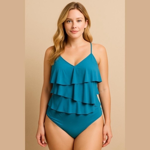 beyond control Other - Beyond Control Elegant Blue One-Piece Swimsuit with Tiered Ruffles